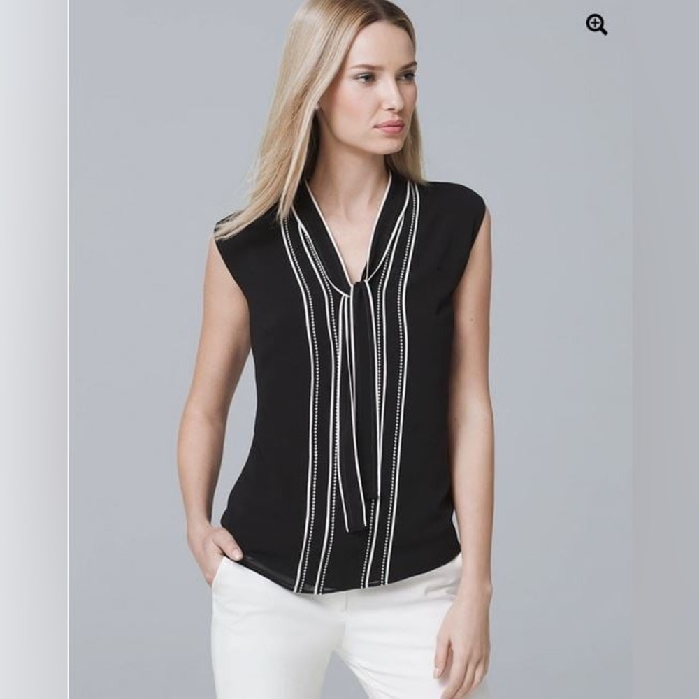 White House Black Market Black and White Tie-Front Blouse
